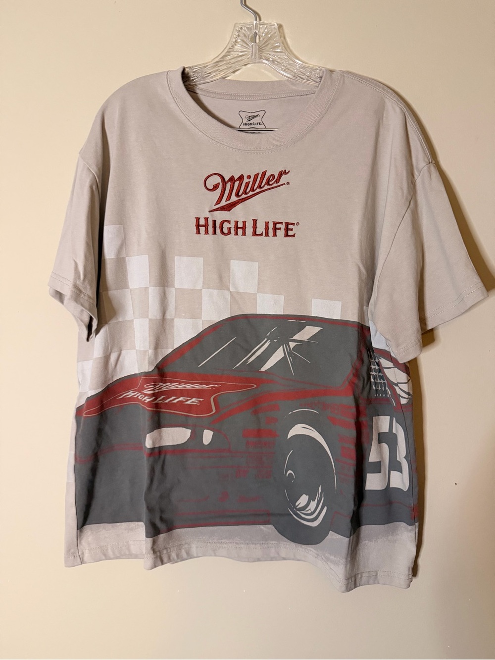 Miller High Life Graphic Racing Tee - Light Gray with Red